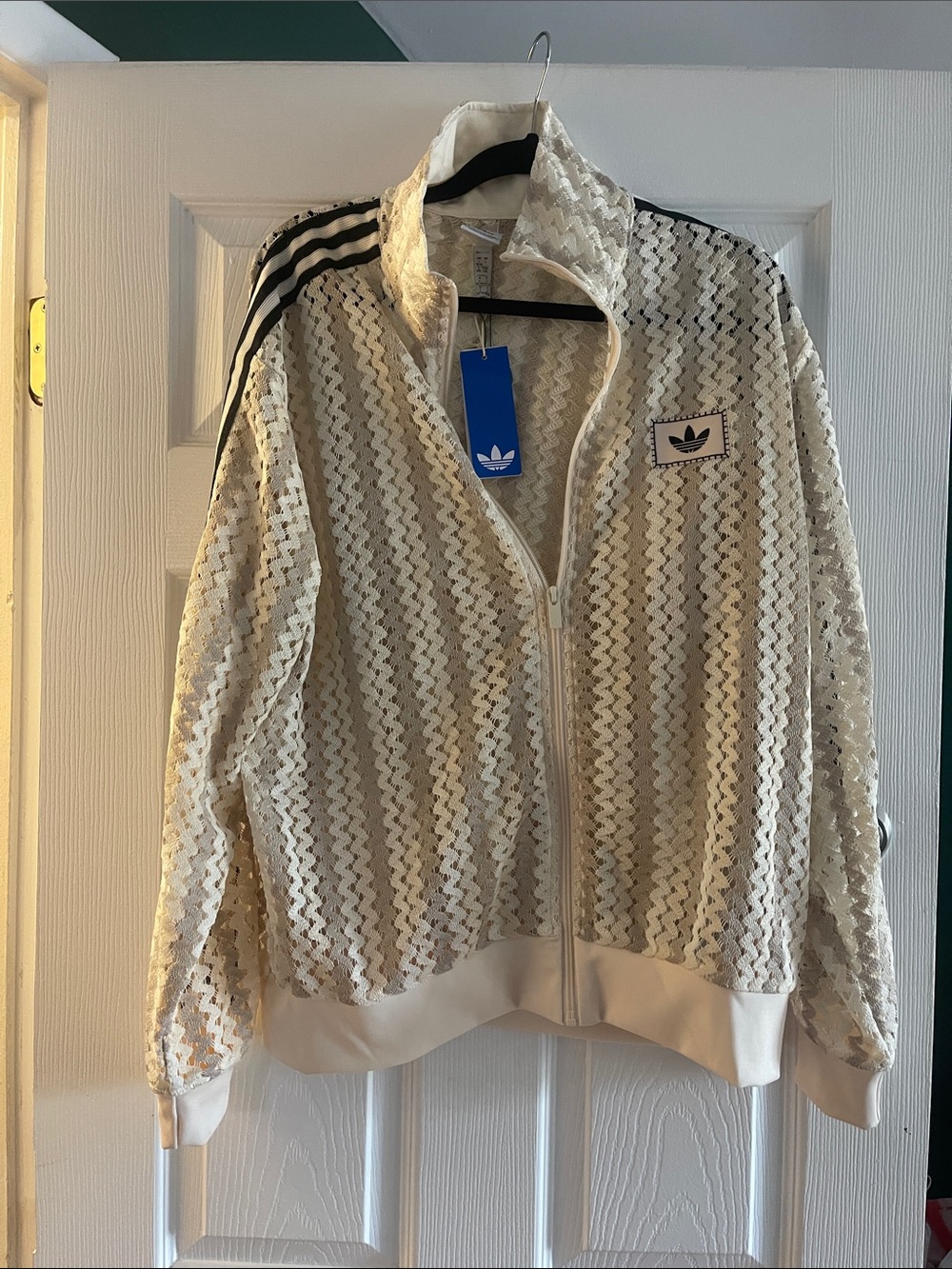 NWT adidas originalCream Lace Firebird Track suit jacket Black Stripes